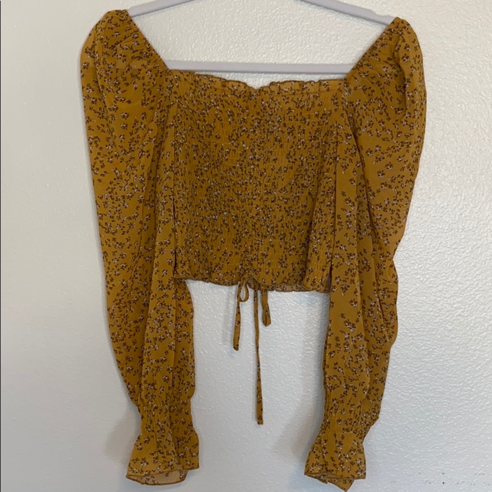 Mustard Floral Tie Front Crop Top